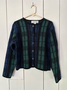 VTG Bob Mackie Studio Tartan Plaid Wool Sweater Jacket Sz MP Blue Green Black